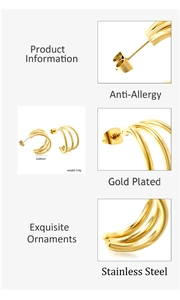 Detail of 18k gold plated stainless steel double C-shape earrings with size and anti-allergy info