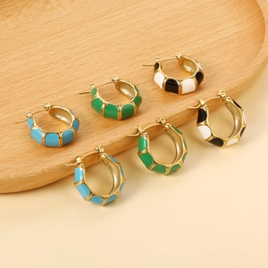 C-Shaped Hoop Earrings 18K Gold Plated Stainless Steel Enamel Bamboo Texture Geometric Color Block Anti-Allergy For Women
