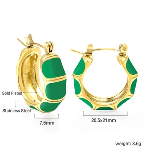 Minimalist C-shaped bamboo stainless steel earrings with gold plating and green enamel