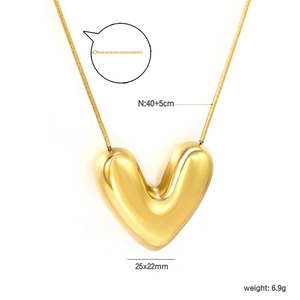 Gold puffed heart pendant necklace with snake chain and 40+5cm adjustable length