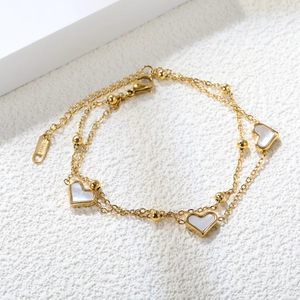 Bracelet Double Couche En Acier Inoxydable Pendentif Coeur Pour Femme Plaqué Or 18K Incrustation Coquille Blanche Bijou