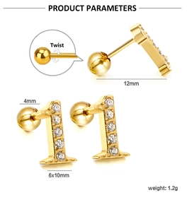 Detailed size parameters of gold number 1 stud earrings with zircons and twist ball back