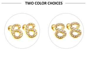 Detailed view of number 6 and 8 gold stainless steel stud earrings with zircon