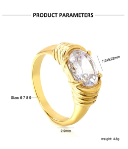 Macro view of 18K gold-plated oval zircon ring showing size and texture details