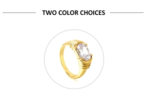 Detail view of oval cubic zirconia ring with gold plating and ribbed texture band