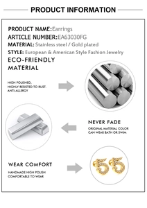 Detailed view of number 5 stud earrings in gold stainless steel with sparkling zircons