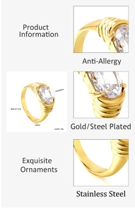 Macro view of gold plated stainless steel ring with oval zircon and dimensions