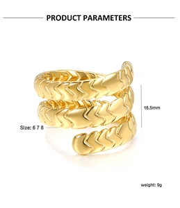 Macro view of 18K gold plated spiral snake ring with detailed scale texture and dimensions
