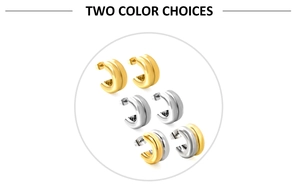 Detailed view of three pairs of wide C-shape thick hoop earrings in gold, silver and bicolor