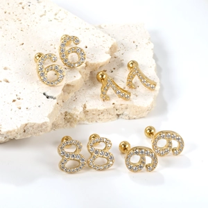 Golden stainless steel number stud earrings set with sparkling zircon crystal inlays