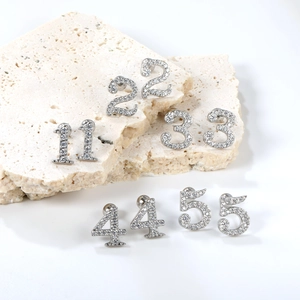 Silver stainless steel stud earrings with Arabic numerals 1-5 and crystal accents