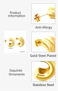Detailed view of 10x19.5mm gold-plated stainless steel C-shaped hoop earrings