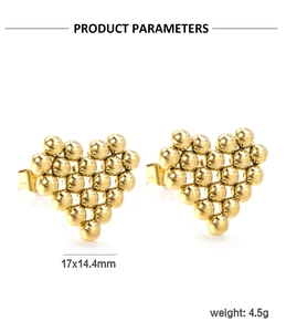 Detail showing 17x14.4mm golden beaded heart stud earrings with weight parameters