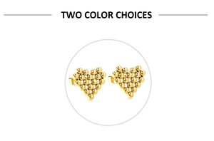 Macro shot of gold heart stud earrings featuring a unique beaded texture design