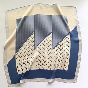 Fashion square silk scarf with navy blue geometric patterns and crescent moon design