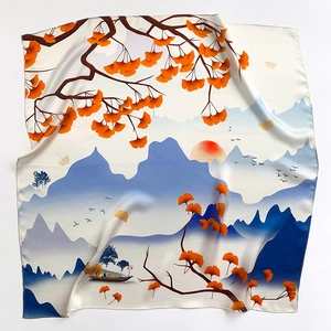 Elegant mulberry silk square scarf featuring traditional landscape painting and orange leaves