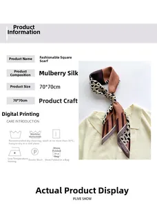 Detail of leopard print mulberry silk square scarf styled as a stylish neckerchief