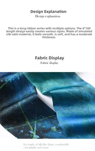 Dettaglio di sciarpa sottile in raso di seta 6x160cm con motivi acquerello blu-verde
