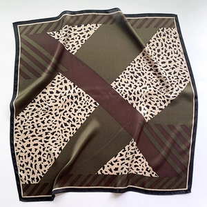 Leopard print and geometric color block silk scarf with olive green satin finish