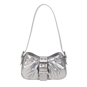 Y2K silver metallic pleated underarm bag with decorative buckle and studs