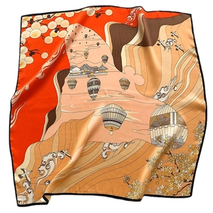 Elegant silk square scarf with vintage oriental landscape and floral print pattern