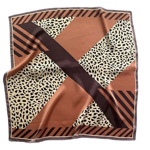 Leopard print and geometric square silk scarf with brown patchwork design for women