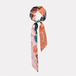 Foulard sottile in seta con stampa floreale arancio e verde per borse e acconciature