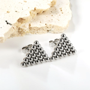 Modern geometric triangle stud earrings made of polished steel beads with a silver finish