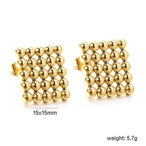 Minimalist gold square stud earrings with geometric metal beads in a 4x4 grid pattern