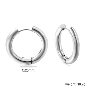 Detail view of 4x25mm silver stainless steel thick hoop earrings with technical dimensions