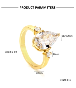 Detailed view of pear-cut ring with 18k gold plating and 9.6x13.7mm cubic zirconia stone