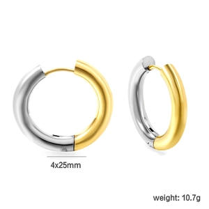 Detail of 25mm mixed gold and silver stainless steel hoop earrings with 4mm tube width
