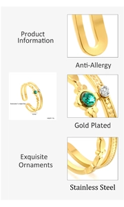 Detail of adjustable gold-plated stainless steel ring with green stone and white diamond