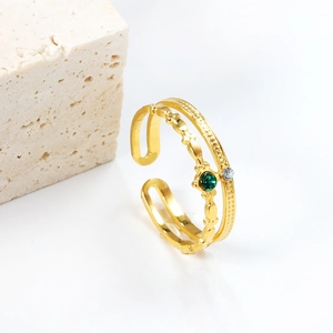 Double Layer Open Ring 18K Gold Plated Stainless Steel Green Gemstone Zircon Adjustable Vintage Retro Jewelry For Women