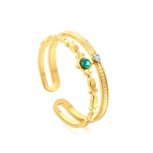 Retro double layer gold ring with green gemstone and zircon in adjustable open design