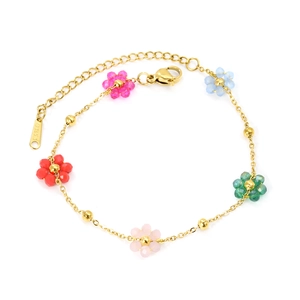 Colorful floral charm bracelet with gold stainless steel chain and pearl accents