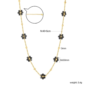 Collier en acier inoxydable doré avec pendentif fleur noire et perles, 40+5cm