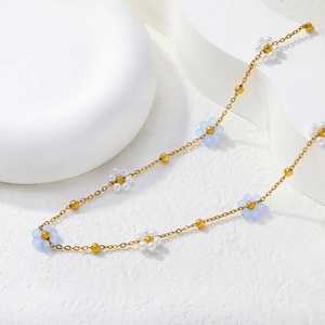 Collier De Perles De Fleurs En Acier Inoxydable Pour Femmes Chaîne De Clavicule Florale Colorée Style Doux