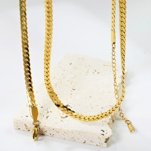 Cuban Link Chain Necklace 18K Gold Plated Stainless Steel Flat Interlocking Links Hip Hop Minimalist Jewelry For Women Men