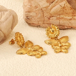 18K Vergoldete Edelstahl Ohrhänger Sonnenblume Gänseblümchen Doppel Schmetterling Anhänger Mode Schmuck Für Damen