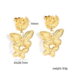 18K vergoldete Edelstahl-Ohrringe mit Sonnenblume und Schmetterling-Anhänger Maße