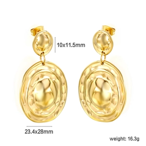 Detail view of irregular gold drop earrings showing 23.4x28mm dimensions and lava texture