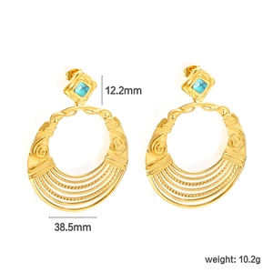 Detail of 18K gold plated hoop earrings with turquoise stud showing 38.5mm diameter