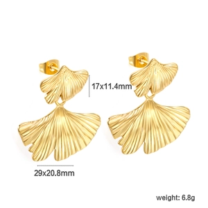 Golden stainless steel ginkgo leaf earrings with layered textured fan design for women