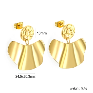 Detailed view of gold irregular earrings showing 10mm diameter and 24.5mm dimensions