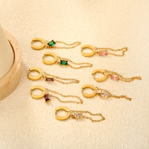 18K gold plated stainless steel chain tassel earrings with rectangular zircon accents