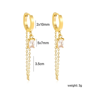 Detail view of geometric tassel earrings with dimensions showing the chain and zircon stone