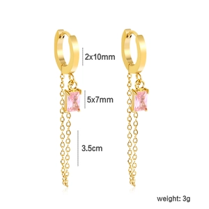 Detail view of 18K gold plated tassel earrings with pink zircon and exact dimensions