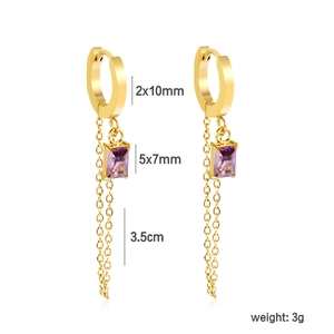 Detailed view of gold tassel earrings with purple rectangular zircon and dimensions