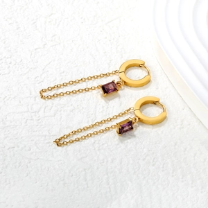 Fashionable gold stainless steel geometric tassel earrings with purple zircon stones